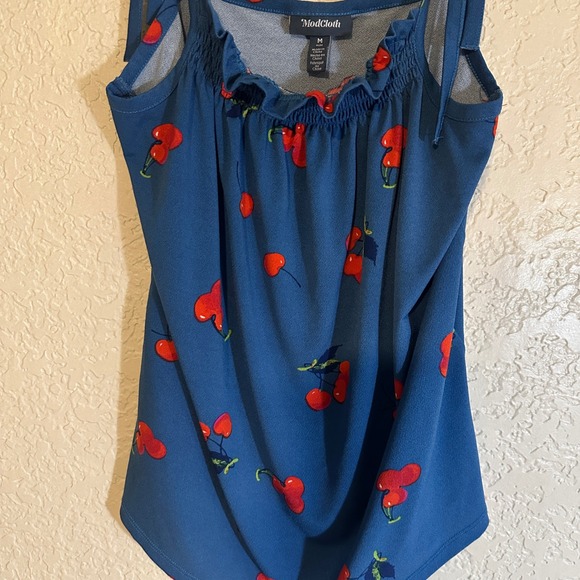 Modcloth Tank Top Womens Medium Blue Cherry Bomb Print Coquette 90 Kidcore Retro - Picture 7 of 14